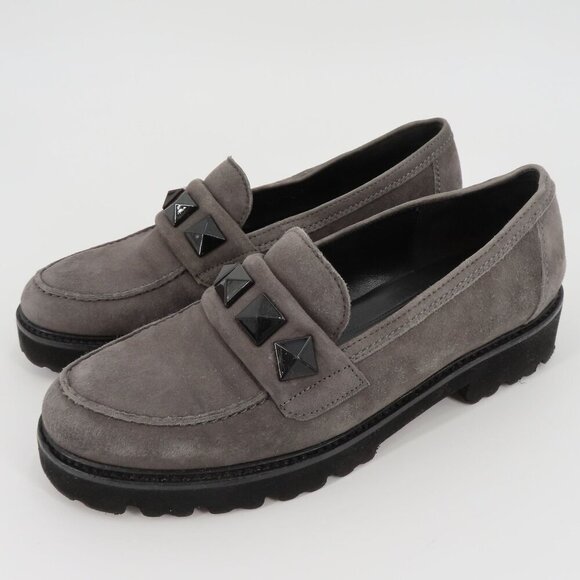 Gabor Womens 6.5 Gray Suede Leather Black Pyramid Stud Chunky Lug Sole Loafers - Picture 10 of 11